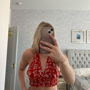 Red floral halter neck top